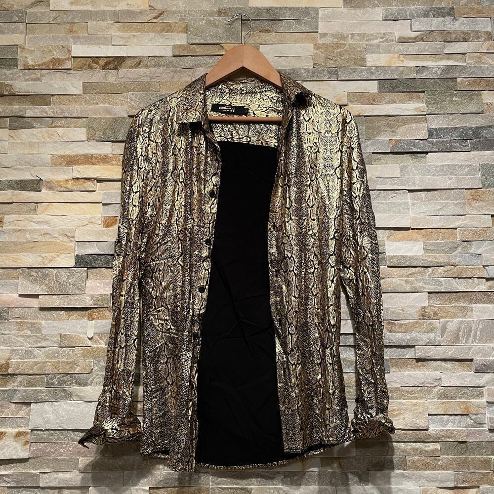Jaded London Small Metallic Snakeskin Print Shirt | Gold Black Crinkle Y2K Glam - Picture 4 of 9